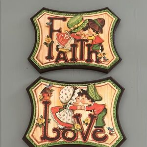 1970’s Home Co Faith and Love Wall Plaques W 13 in L 10 in Wt 4.25 pounds
